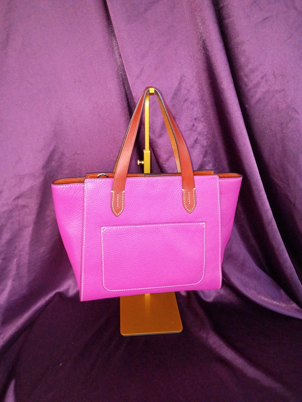 Dooney & Bourke Hot Pink Leather Tote with Brown Handles - Picture 2 of 10